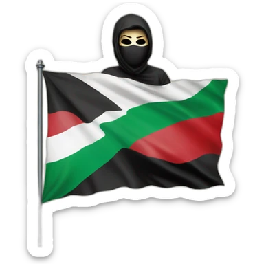 A masked man raises the Palestinian flag, with the words Free Palestine written on the flag  sticker