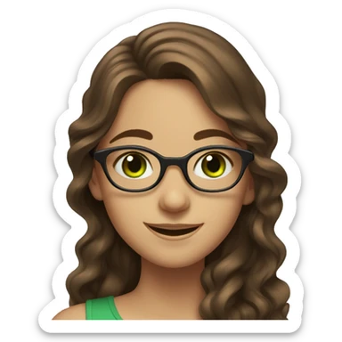 long wavy brown hair, green eyes glasses, smiling girl sticker