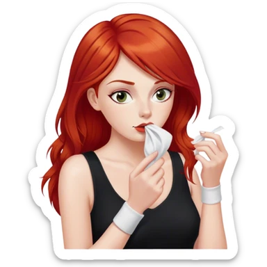 a woman with red hair and red eyes sniffing a white sock. The woman wear a black  dress sticker