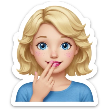 Girl Blonde short wavy hair,  blue eyes, cute blue top, long lashes, pink lips, smiling, hand covering the mouth sticker