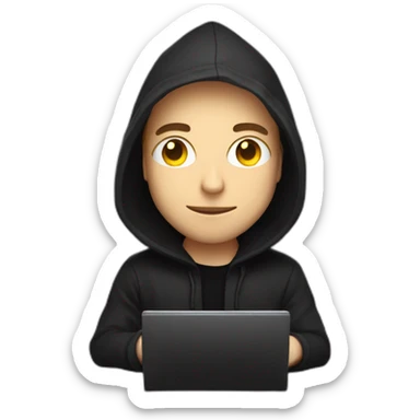 Young white developer with a black hood behind his laptop on a desktop sticker