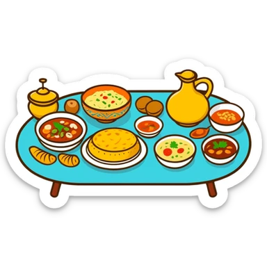 Steaming hot beshbarmak on a traditional dastarkhan, Kazakh feast table sticker