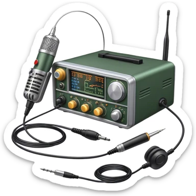 A photorealistic icon featuring a ham radio transceiver, headphones, microphone, antenna, and radio equipment like soldering tools and cables. The design includes detailed textures and realistic lighting, symbolizing the passion for amateur radio and communication. Transparent background. sticker