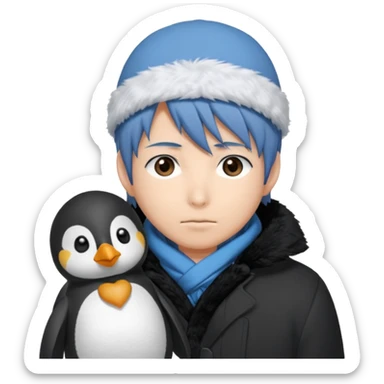 Winter penguin lying on Akashi Seijūrō’s shoulder with Akashi wearing winter clothes ans Akashi Seijuro from kuroko no basuke anime sticker