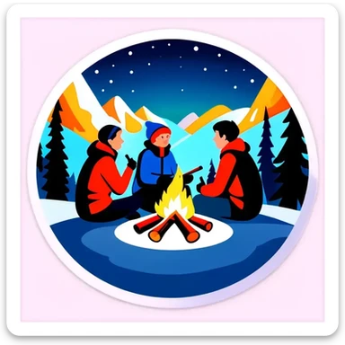Drei Personen, Lagerfeuer in schneebedeckten Wald mit Nordlichtern am Himmel sticker