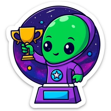 An alien trophy award with swirling cosmic colors, deep space nebula hues, and star patterns sticker
