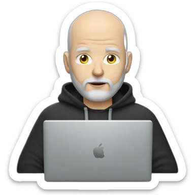bald white man with a grey beard typing on apple computer wearing a black hoodie sticker