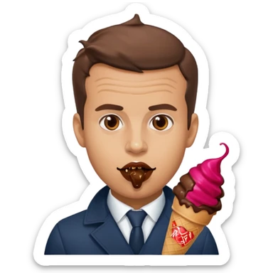 Emanuel macron avec une glace au chocolat et du chocolat autour de la bouche sticker