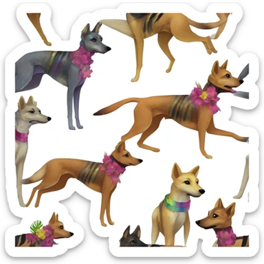  brindle brown black maroon striped lurcher Alsatian fox running blue eyes and iridescent holographic oilslick harness wearing paper iridescent tropical flower crown yellow caution tape sticker