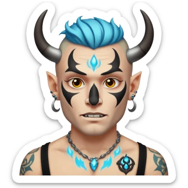 white skin Rock-style man — piercings, glowing tattoos on face, black horns sticker
