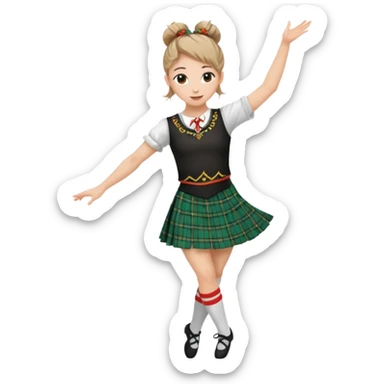 Female highland dancer with hair in bun wearing kilt and dancing sticker