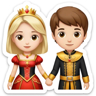 A girl and a boy holding hands together standing in front and wearing nice costumes  sticker