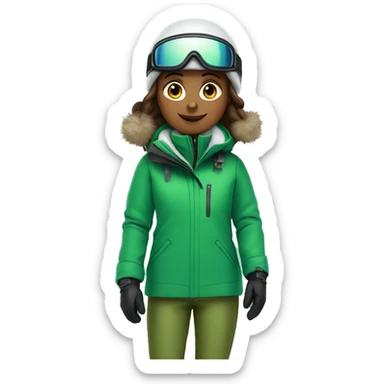 Girl snowboarding with green coat sticker