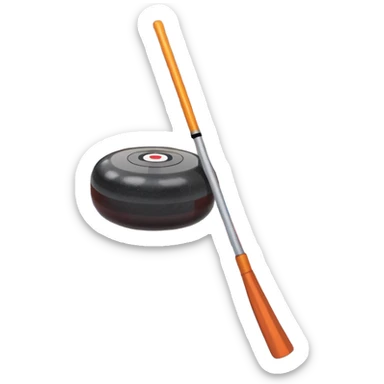 An icon featuring a curling stone in the foreground on an ice sheet with marked target circles. A curling broom rests nearby. In the background, a grand indoor stadium with bright lights and cheering fans. The ice reflects the vibrant colors of the surroundings. Transparent background. sticker