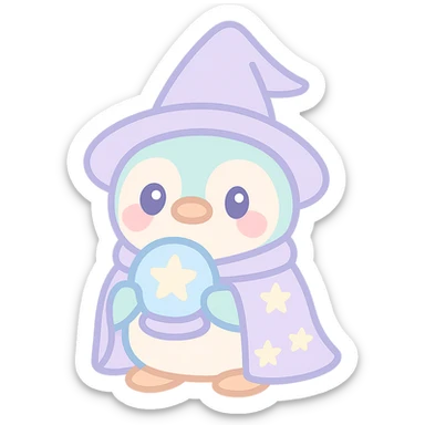 penguin wizard holding a crystal ball, starry cloak, enchanting sticker