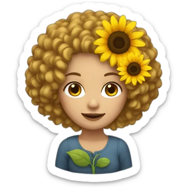 White woman with curly hair holding a sunflower sticker