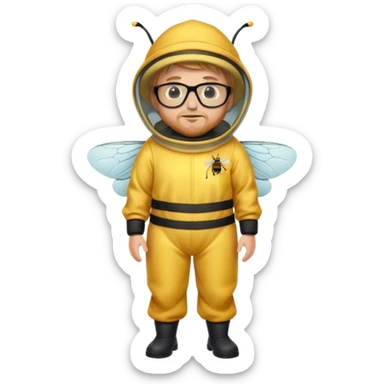 full body medium plus size male bee keeper in yellow and black with short light strawberry blonde hair and goatee wearing glasses with bee keeper hat sticker