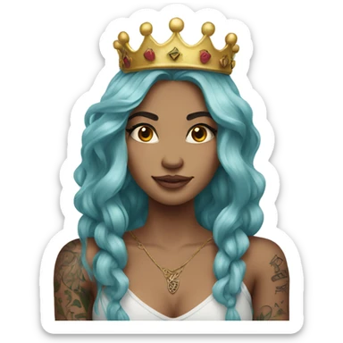 Beautiful girl with tattoos.  long hair and wears a crown sticker