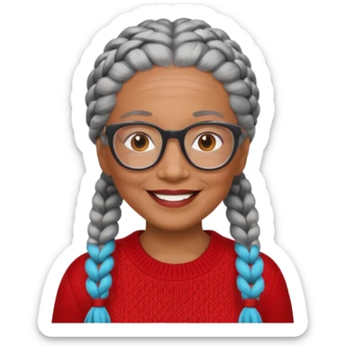Older woman of color with gray braids, glasses and smiling sticker