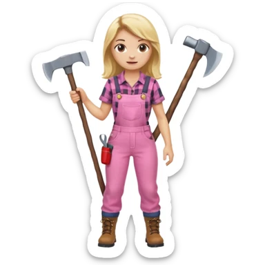 lumberjack blonde woman holding axe pink checked shirt and overall sticker