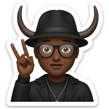 man dressed in black with dark glasses black Lens and a black hat hwo making the horns gesture on each  hands sticker