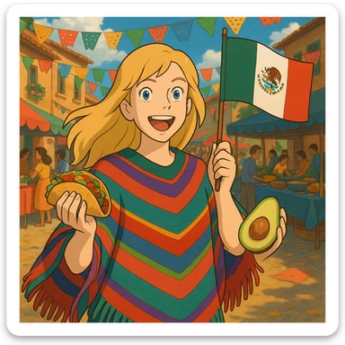 ghibli style cartoon of a tall blonde woman in a colorful poncho, smiling, holding a taco and avocado, waving a Mexico flag, festive street party background with food and decorations sticker