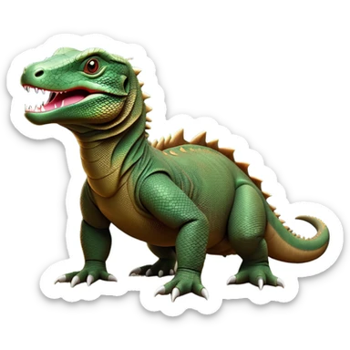 cinematic-komodo-dragon-realistic-full-body-on all fours-emoji,-massive-scaled-body-poised-with-quiet-power,-rough-textured-skin-dark-green-and-brown,-head-tilted-dramatically,-long-forked-tongue-flicking-out,-simplified-yet-realistic-focused-features,-highly-detailed,-glowing-with-an-almost-sarcastic-glow sticker