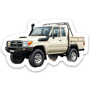 Toyota LandCruiser 70 Series (2021) – Cinematic-realistic Toyota LandCruiser 70 Series ute, its rugged white frame bouncing over rough farm tracks. Dust billows behind as the vehicle powers across dry paddocks, a trusty farm dog perched in the tray, scanning the horizon. sticker