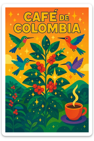 magical coffee farm in Colombia with enchanted coffee plants, hummingbirds, sparkling details, lively colorful style sticker