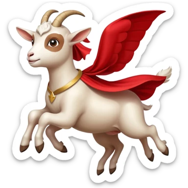 side view of white female goat wearing a read cape like superman sticker
