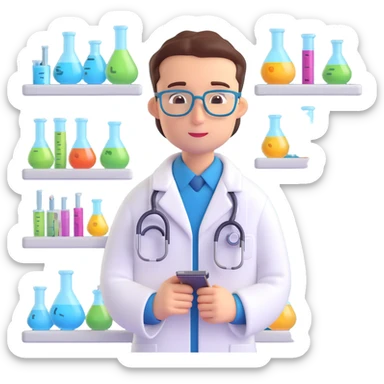 Close-up of a medical or clinical researcher in 3D emoji style, wearing a lab coat and a thoughtful expression, with a laboratory background featuring shelves with glassware, microscopes, or scientific posters. Maintain the same 3D emoji style as the reference image. sticker