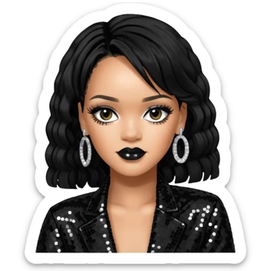 Rihanna with jet black hair, black sequin outfit sticker