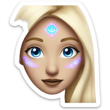 magical diva with thin pink andromedan face long blonde hair and blue eyes glowing third eye sticker