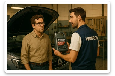 Create a realistic automotive workshop scene. Two men are standing next to a car with its hood open. One man is a customer listening attentively. The other man is a Winiron employee wearing a white T-shirt and a blue vest with a “WINIRON” logo on the back. The Winiron employee is holding and recommending a Winiron engine oil canister. Background shows a workshop interior with tools, soft warm lighting, realistic reflections on the car body. Cinematic, detailed, 8K hyper-realistic, professional commercial photography style. sticker