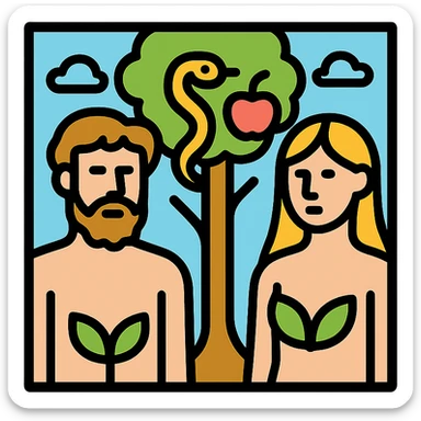 Adam and Eve in the Garden of Eden, with the apple and the snake, minimal and modern style, square scene sticker