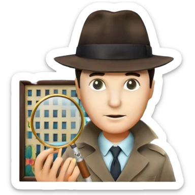 A colorful collage featuring iconic detective elements—magnifying glass, a fedora hat, a cigarette, a shadowy figure, and a mysterious city backdrop, a board with photos of suspects. Include subtle clues like fingerprints or a crime scene. Retro movie poster style. Transparent background. sticker