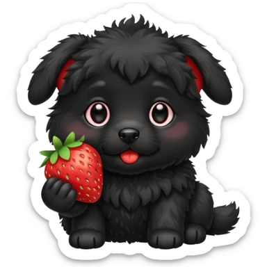 A black fluffy puppy with a strawberry sticker
