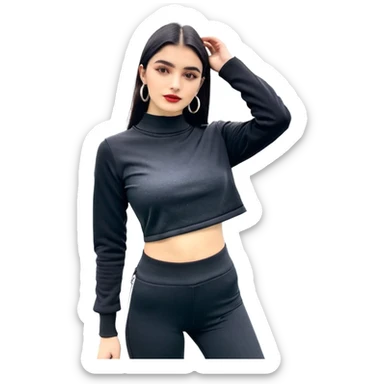 Siyah uzun saçlı siyah ceket  polar ceket ceket gevşek biraz omzundan çıkıyormuş gibi ve bugday ten rengi soltaraftaki omzundan çıkık sadece içinde de siyah crop var crop açık esmer esmer ceketin içinde siyah crop var ceket fazla omzundan çıkmasın  sticker