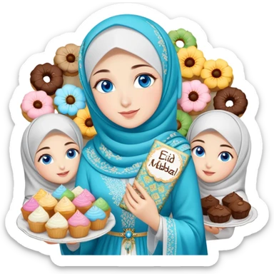Turkish beautiful finish Konya girl blue eyes with lily floral hijab islamic dress and had on her hand text Eid Mubarak with sweets and celebrating with her friends eid days   sticker