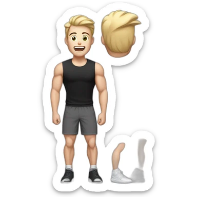 amazed Open with surprise mouth Pale skinned Fit Man With the biceps and dark brown hair in black shirt, gray sports shorts and white Sneakers sticker