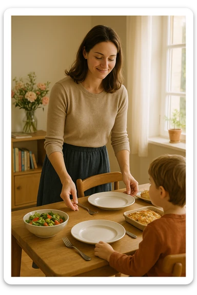 "Donna tra i 30 e i 40 anni, all’interno della sua casa luminosa, mentre prepara la tavola o accudisce i figli con un’espressione dolce e serena. Indossa abiti semplici e curati, simbolo di cura e presenza. Sullo sfondo si vedono dettagli di una casa armoniosa: fiori freschi, libri per bambini, un pranzo in preparazione. La scena trasmette calore, dedizione e stabilità familiare. Elementi visivi di supporto: luce solare che entra dalla finestra, atmosfera calda e rassicurante. Stile realistico con toni caldi e tenui sticker