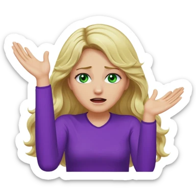 lady with long wavy blonde hair, purple top, green eyes, throwing her hands in the air crying sticker