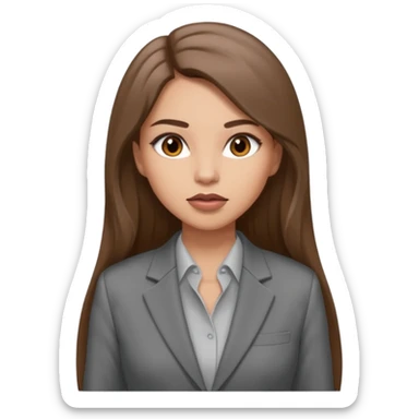 a young woman in a grey pantsuit.   She has brown eyes and very long brown hair. The parting of the hair is straight in the middle and the skin color is light. Lips are pumped up sticker