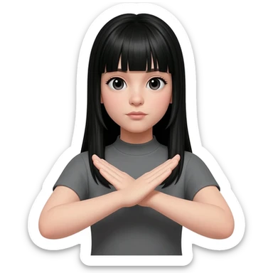 girl with straight black hair and bangs arms saying no sticker
