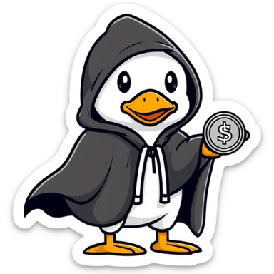 A cool duck wearing a black hooded cloak holding a silver coin sticker