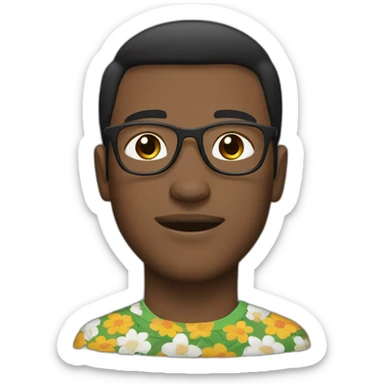 white guy dark short hair wearing glasses and dark t-shirt with flowers print sticker