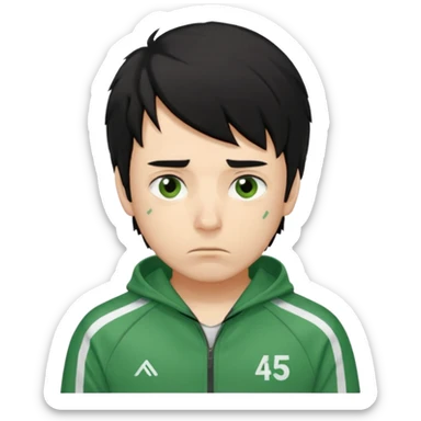 squid game player 456
Hair: Messy, medium-length black hair 🖤💇‍♂️
Face: Tired eyes, often anxious or nervous look 😟👀
Clothes: Green tracksuit with white stripes 🟢👟 (number 456 on his chest)


 sticker