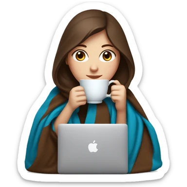 White Girl with blue eyes and brown hair drinking tea with blanket on a macbook sticker