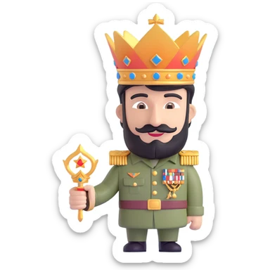 Pakistani military figure with a king's crown holding an Indian jet, stylized sticker