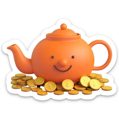 a teapot pouring out coins, fun and cartoonish sticker